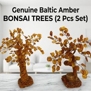 Set of 2 Genuine Baltic Amber Bonsai Tree Sculpture Handcrafted Gemstone Decor